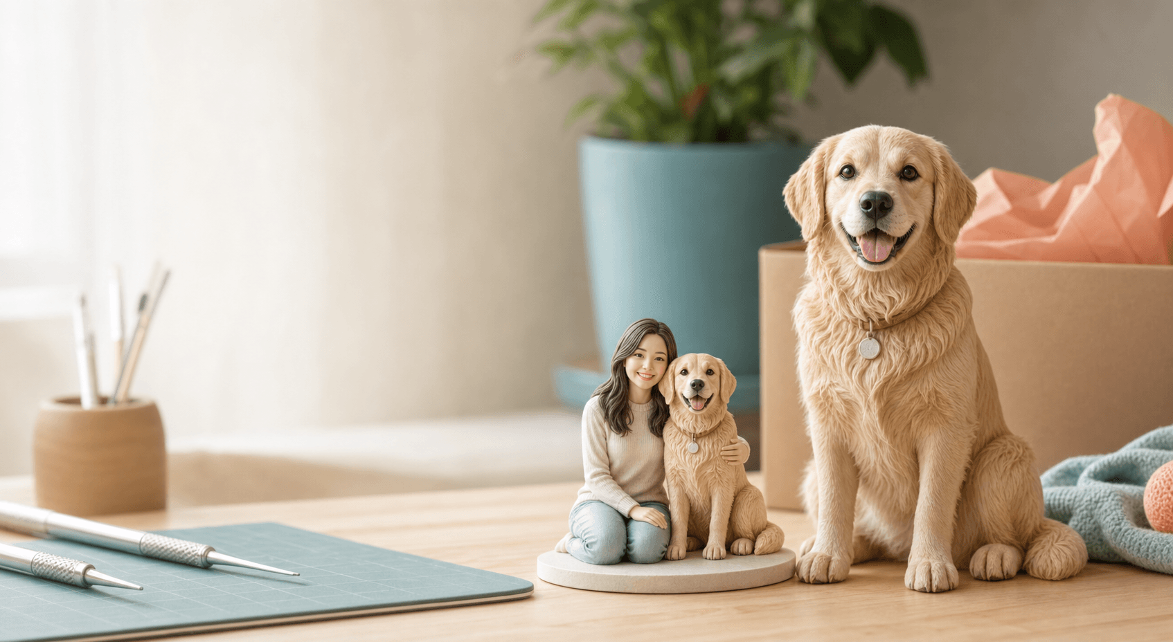 Custom dog miniature displayed on a warm studio table